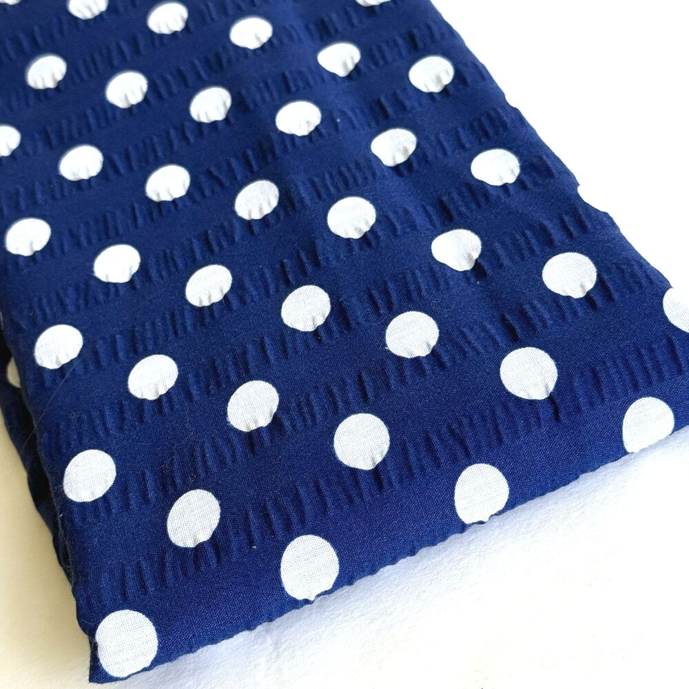 Vtg Blue Polka Dot Seersucker Puckered Cotton Blend Fabric 1yd x 44